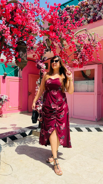 Wine Floral Midi Dress