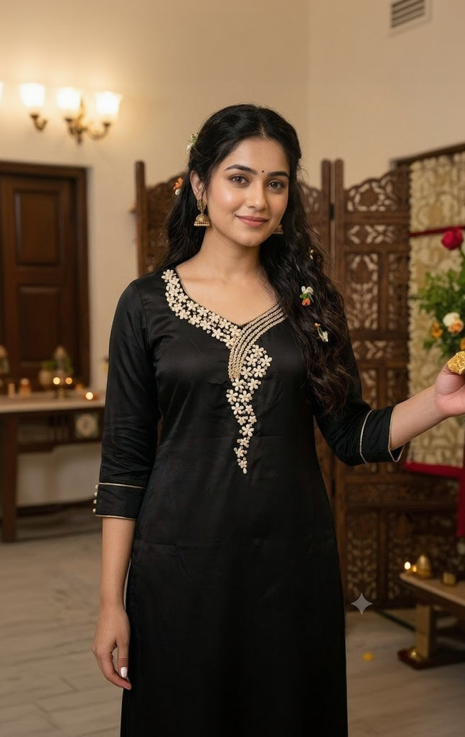 A woman wearing a black traditional kurta with intricate gold and white floral embroidery around the neckline, standing in an indoor setting with wooden screens in the background.