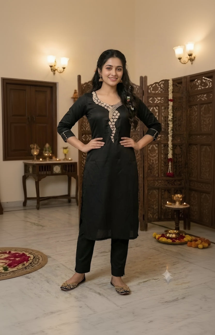 A woman modeling a black kurta with gold embroidery on the neckline and sleeves, paired with black pants, standing in an indoor setting with traditional decor.