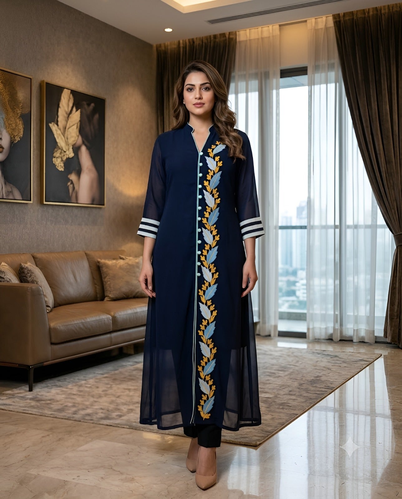 Blue Leaf Embroidered Kurti