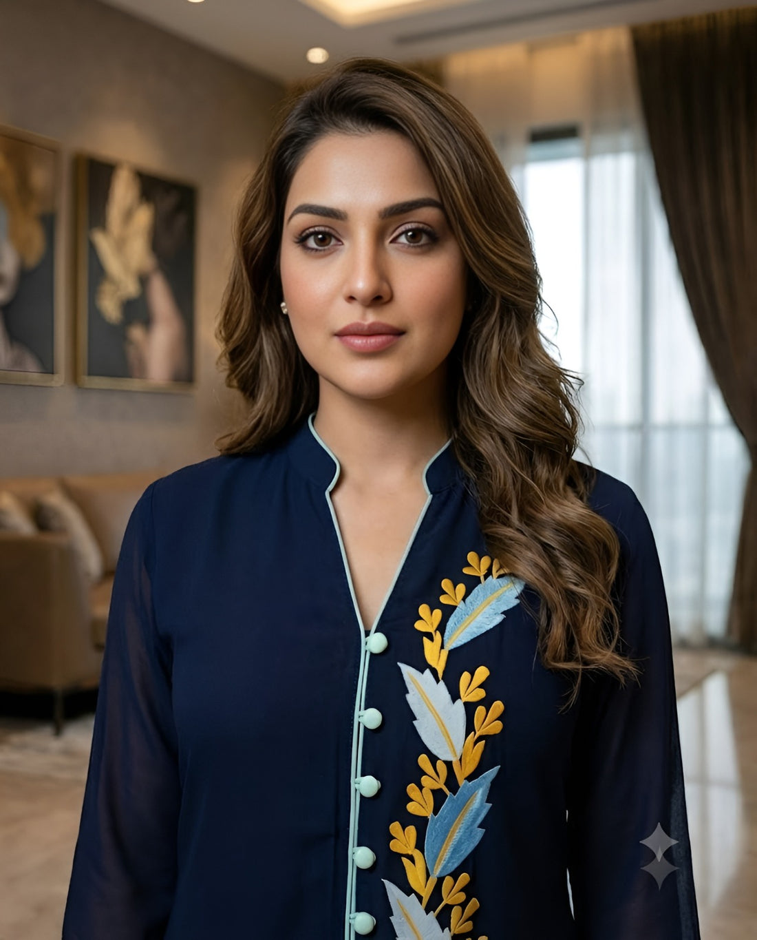 Blue Leaf Embroidered Kurti