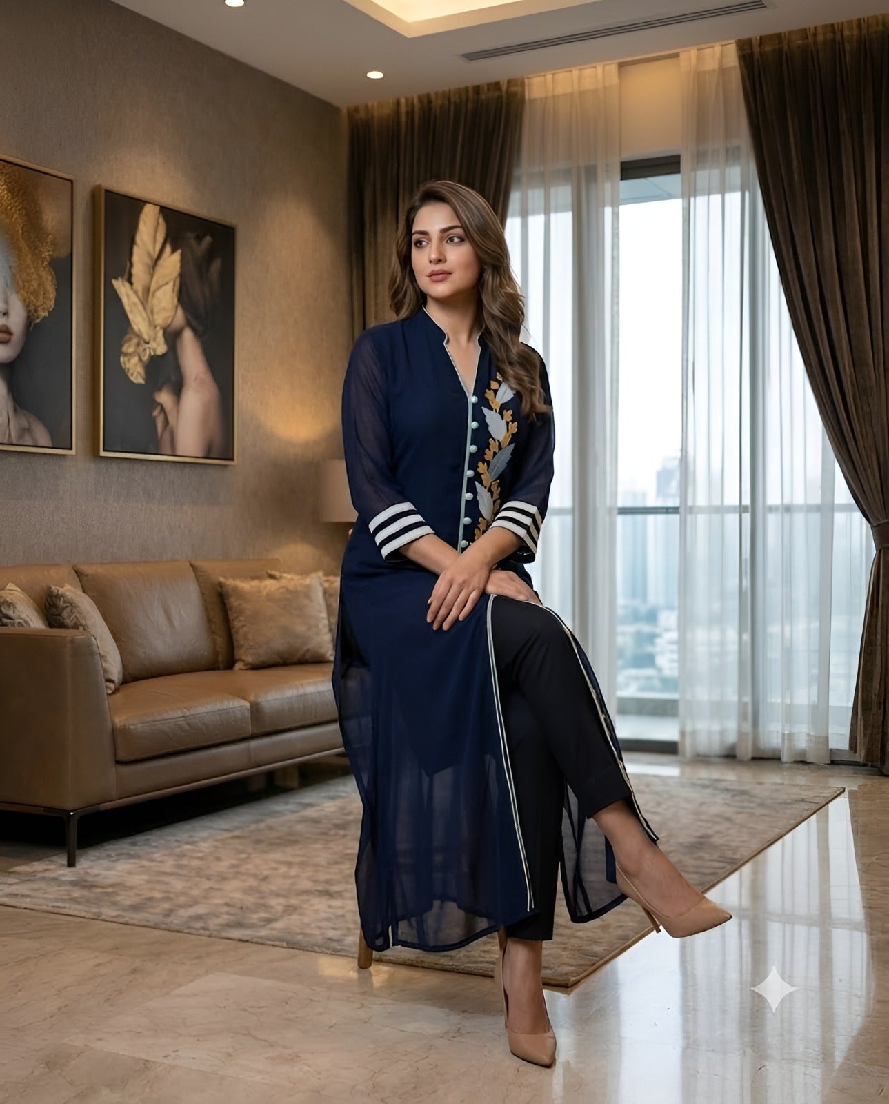 Blue Leaf Embroidered Kurti
