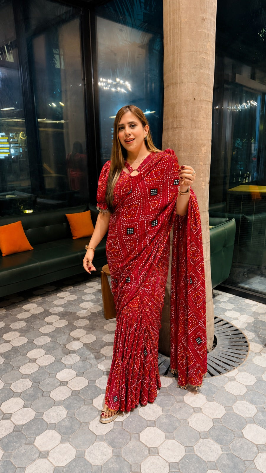Red Bandhani Pre-Draped Maxi Saree
