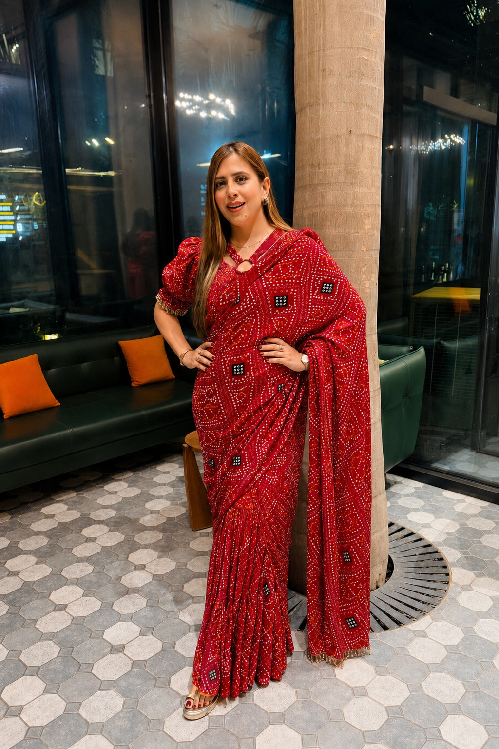 Red Bandhani Pre-Draped Maxi Saree