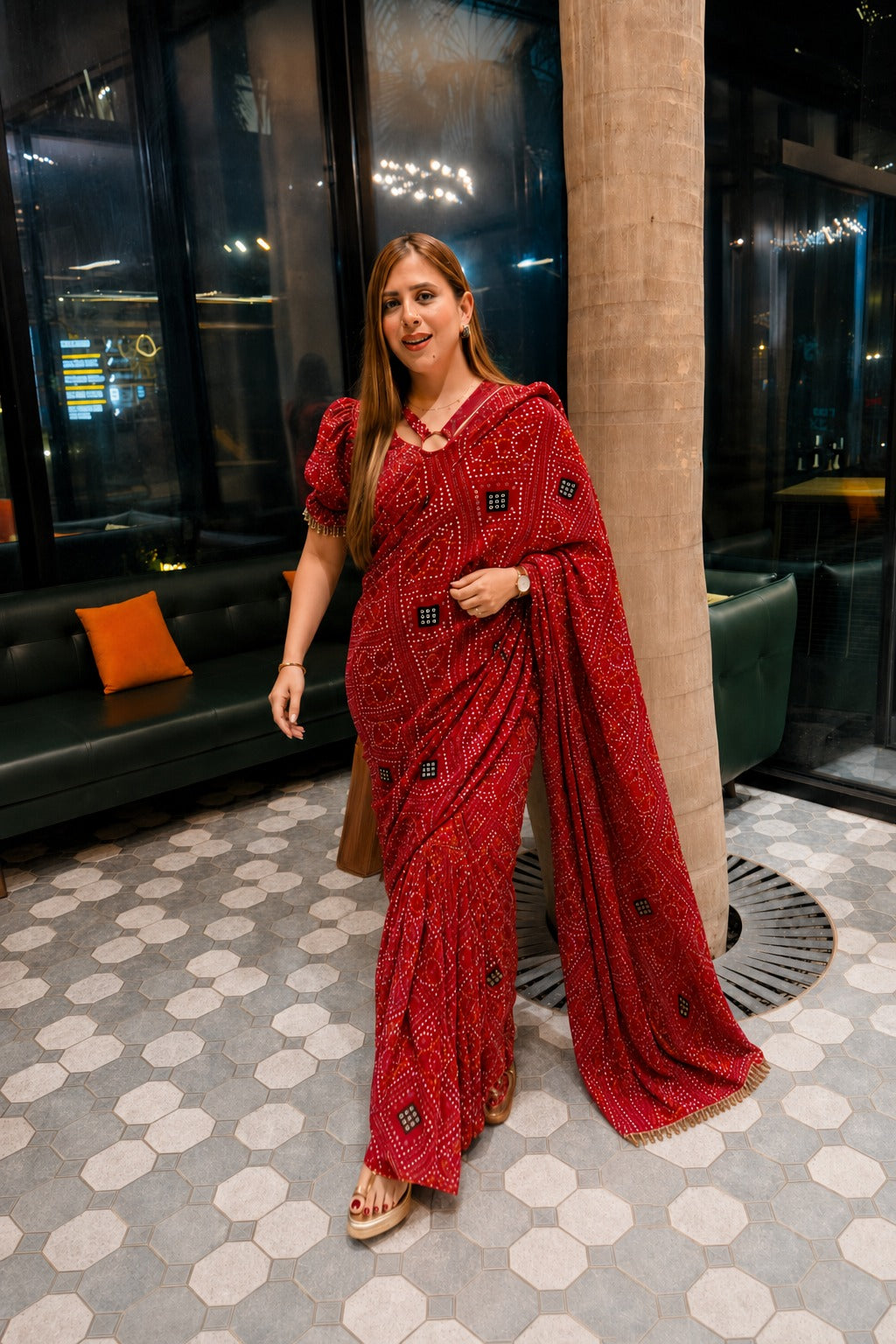 Red Bandhani Pre-Draped Maxi Saree