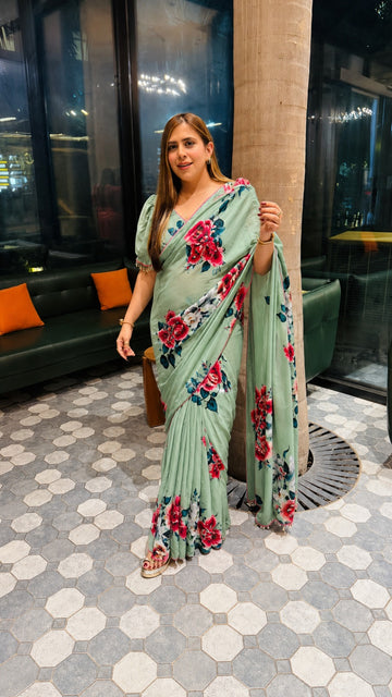 Green Floral Pre-Draped Frill Saree