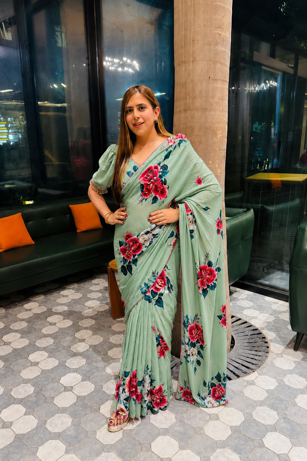 Green Floral Pre-Draped Frill Saree