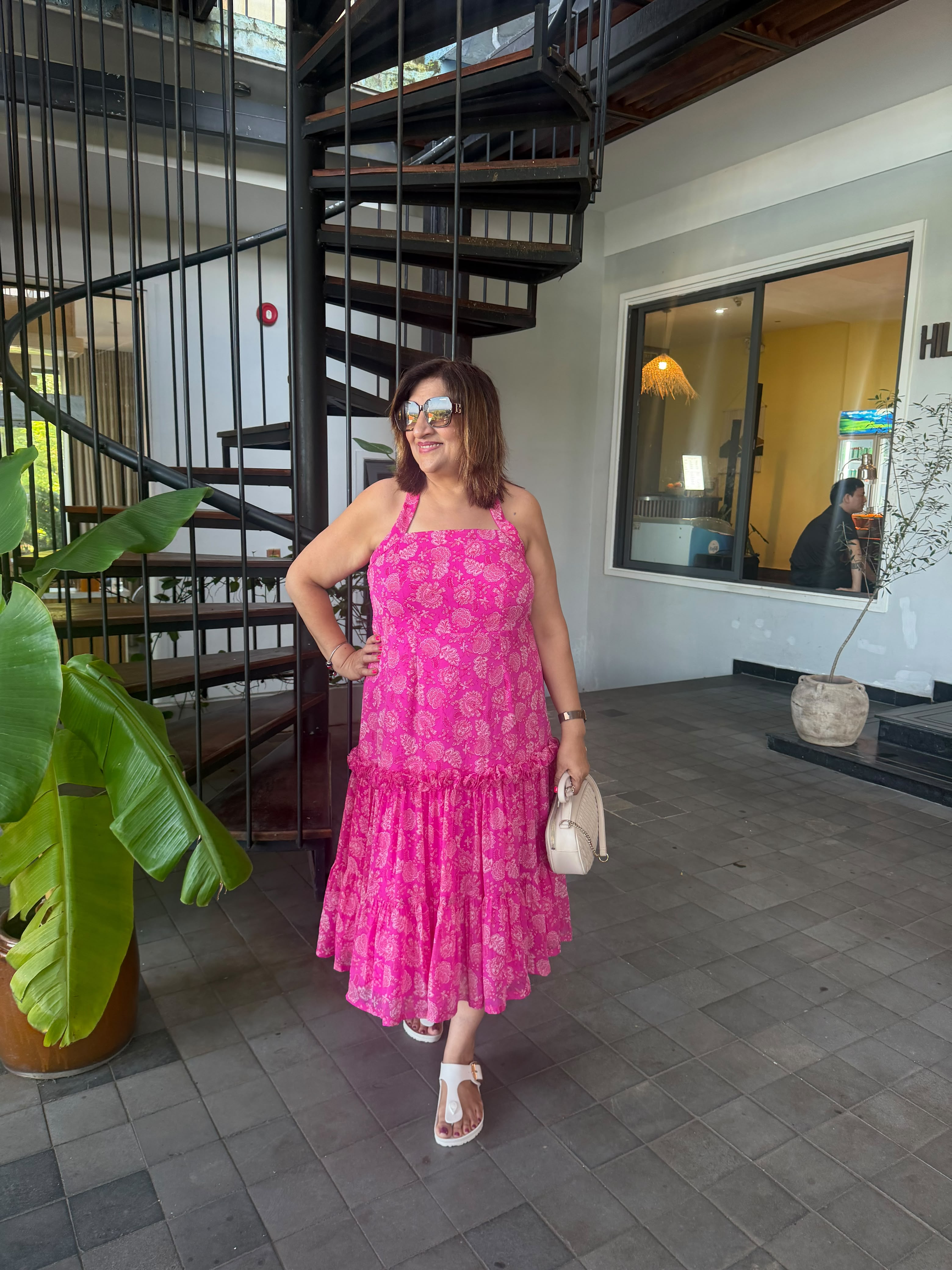 Pink Printed Chiffon Tiered Midi Dress