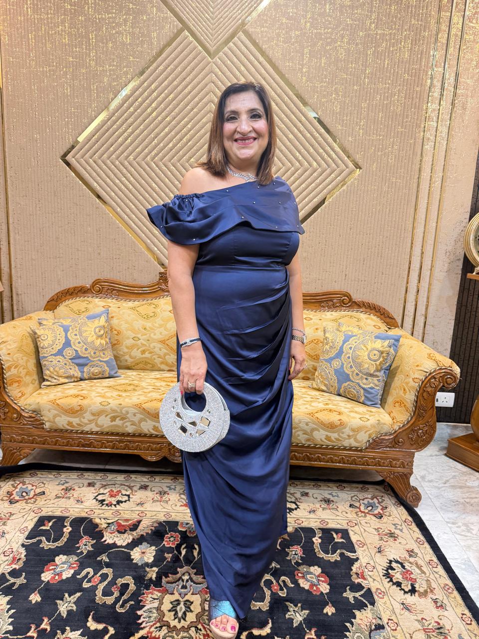 Midnight Blue Satin Draped Gown