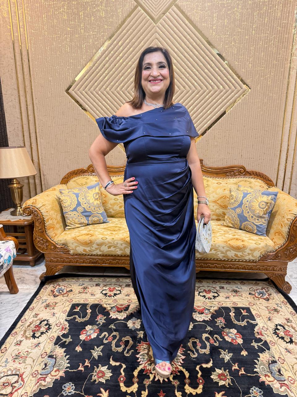 Midnight Blue Satin Draped Gown