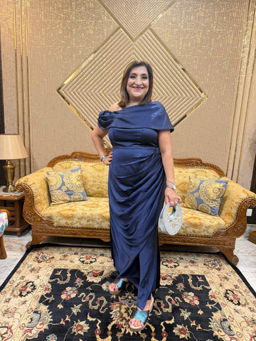 Midnight Blue Satin Draped Gown