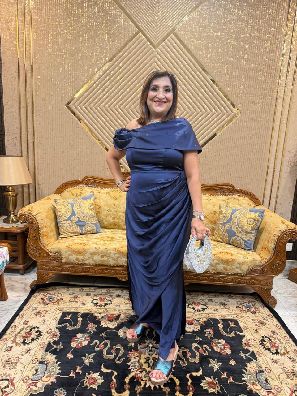 Midnight Blue Satin Draped Gown