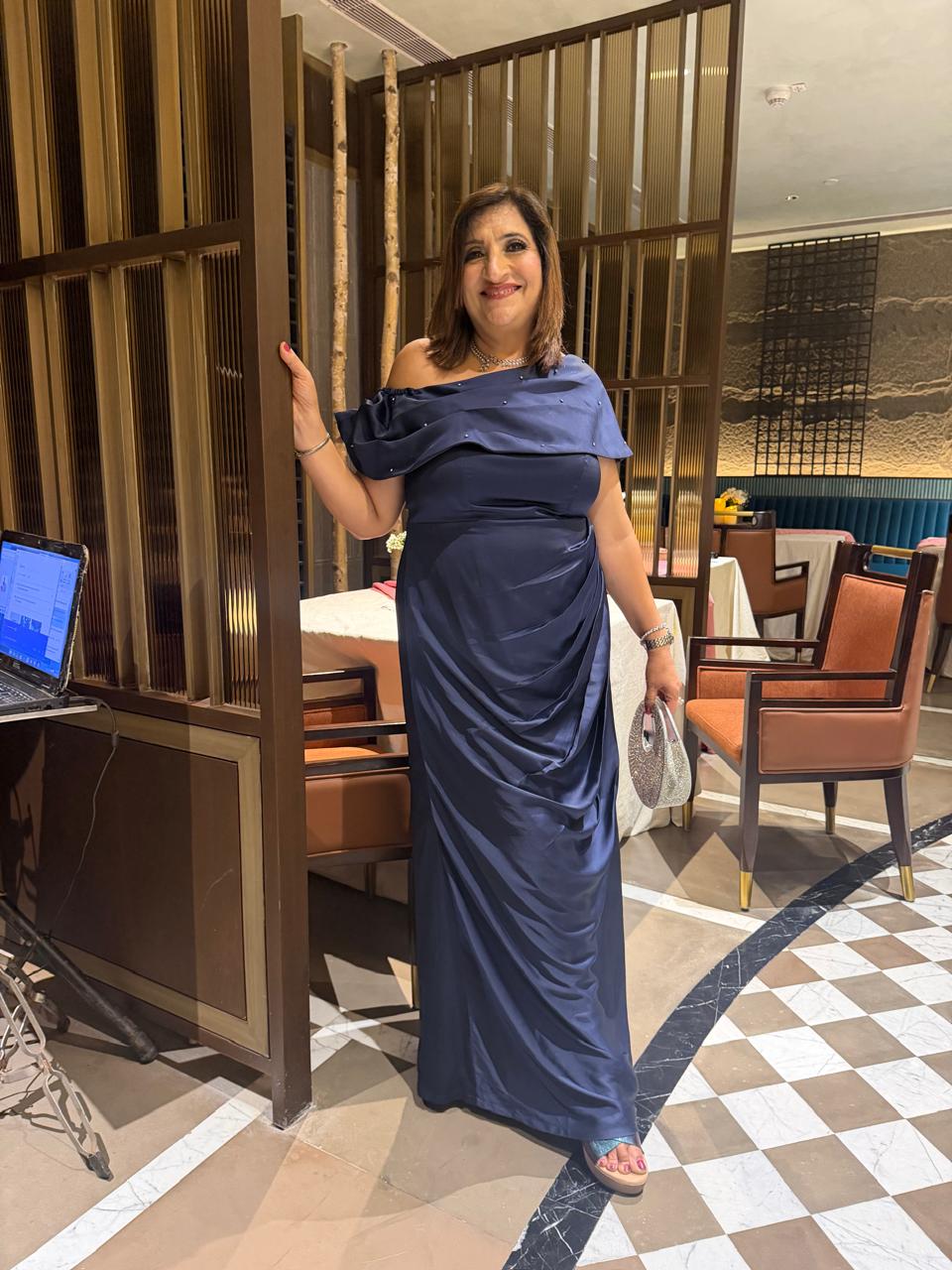 Midnight Blue Satin Draped Gown