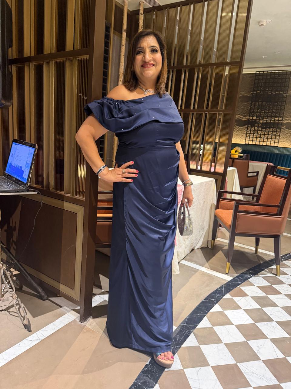 Midnight Blue Satin Draped Gown