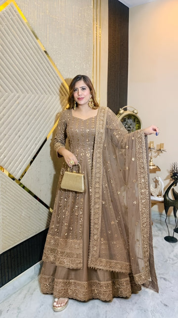 Beige Embroidered Anarkali Set