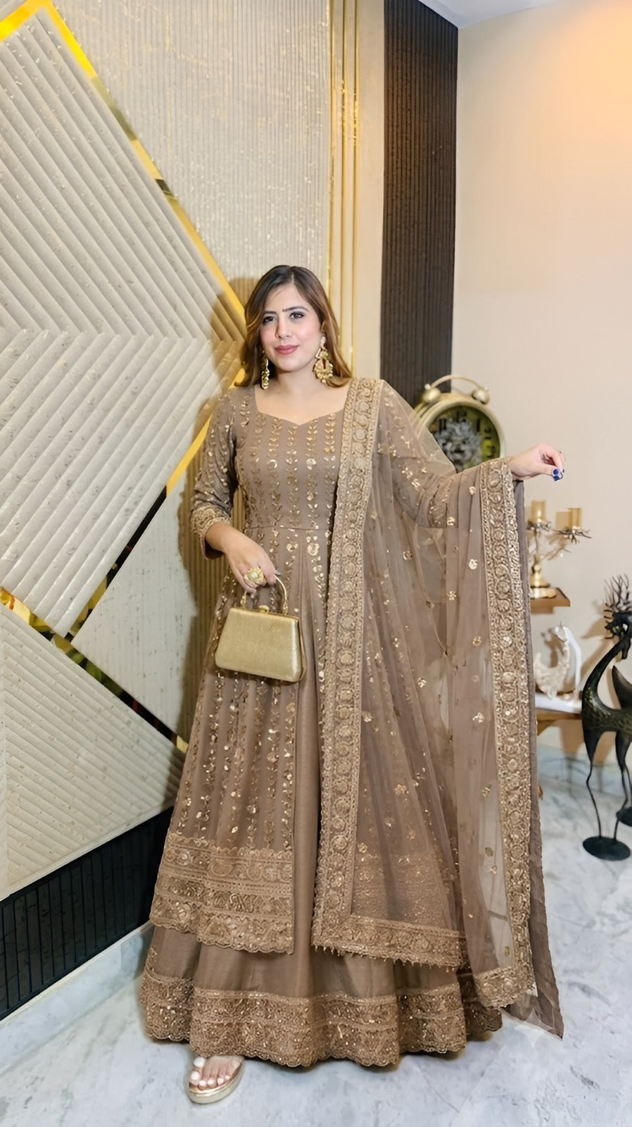 Beige Embroidered Anarkali Set