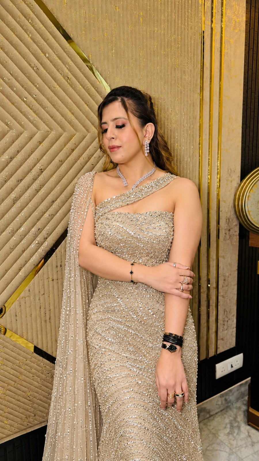 Champagne Golden Fishtail Cape Gown