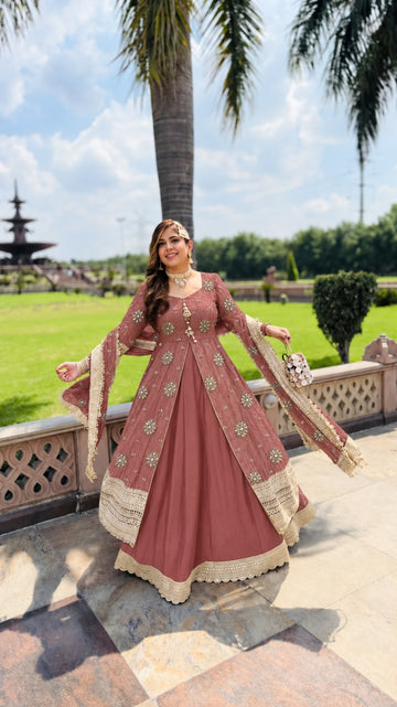 Peach Crushed Tissue Anarkali & Lehenga Set
