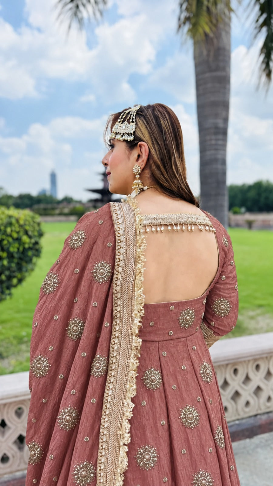Peach Crushed Tissue Anarkali & Lehenga Set