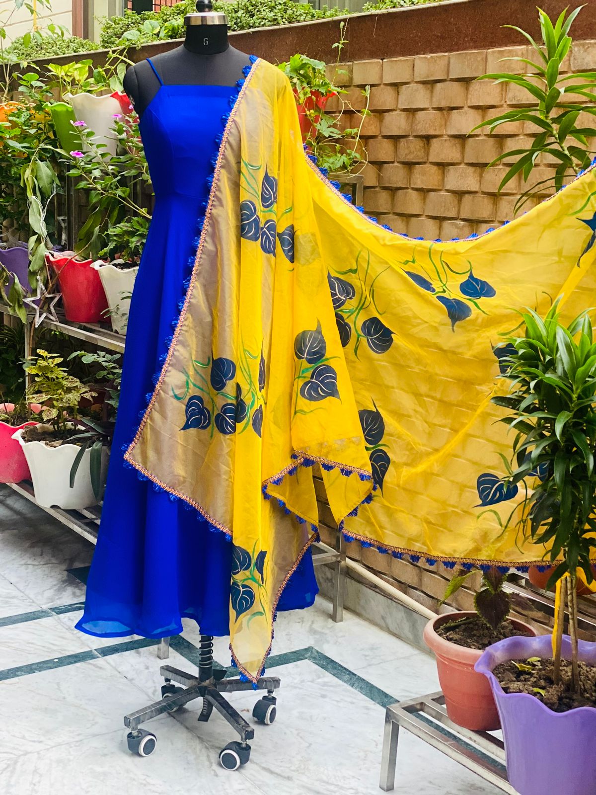 Blue & Yellow Anarkali – Lakhina Couture