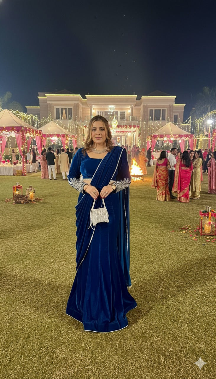 Peacock Velvet Fish Cut Saree
