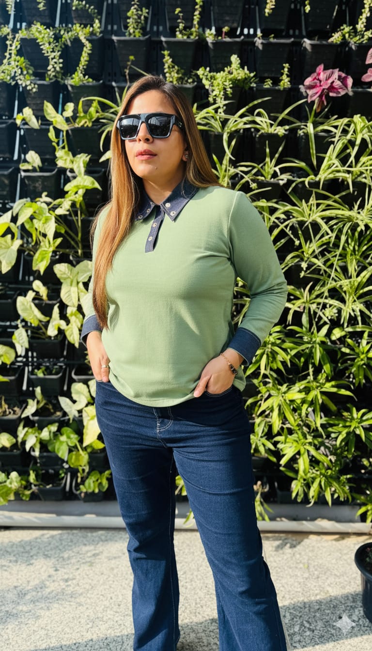 Mustard Fleece Top with Denim Fall Collar