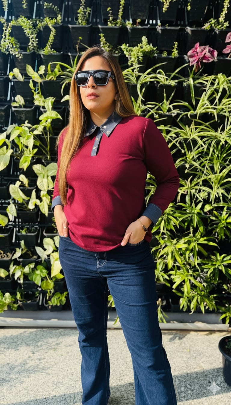 Mustard Fleece Top with Denim Fall Collar