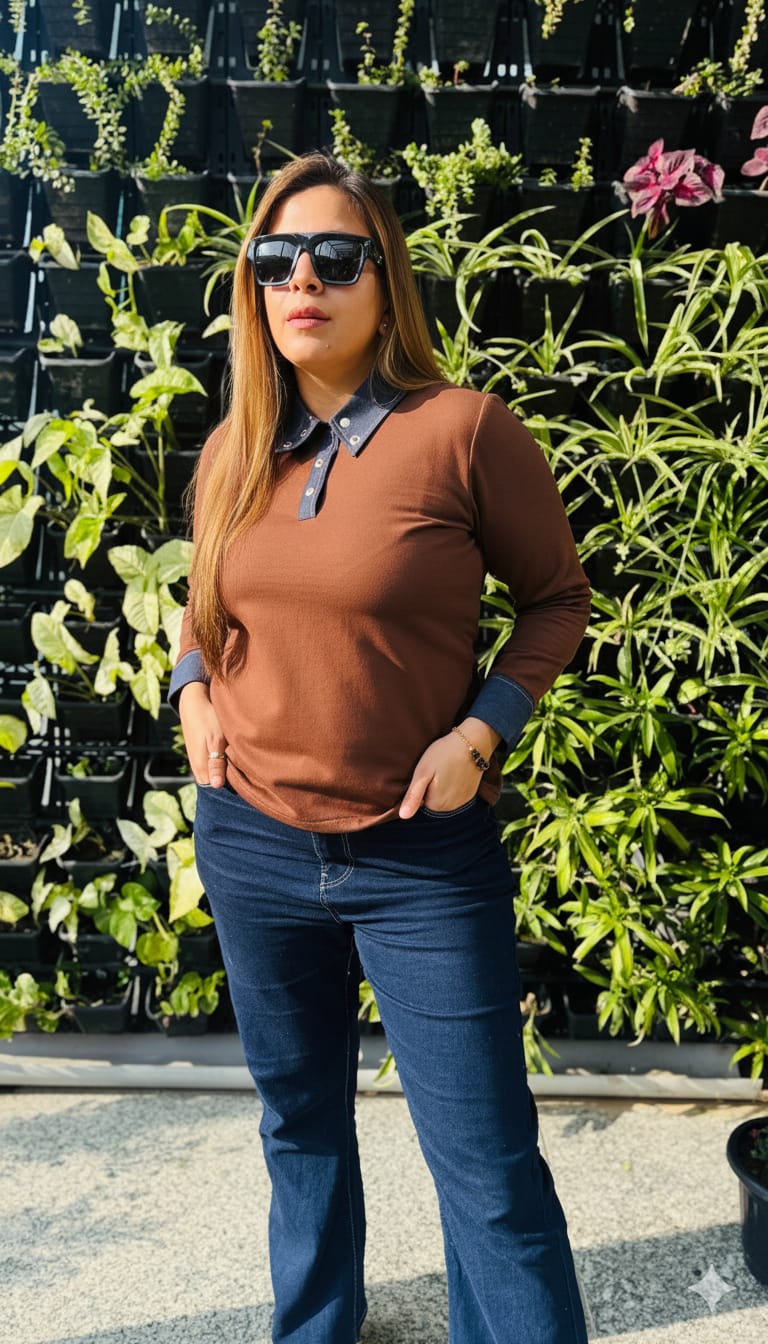 Mustard Fleece Top with Denim Fall Collar