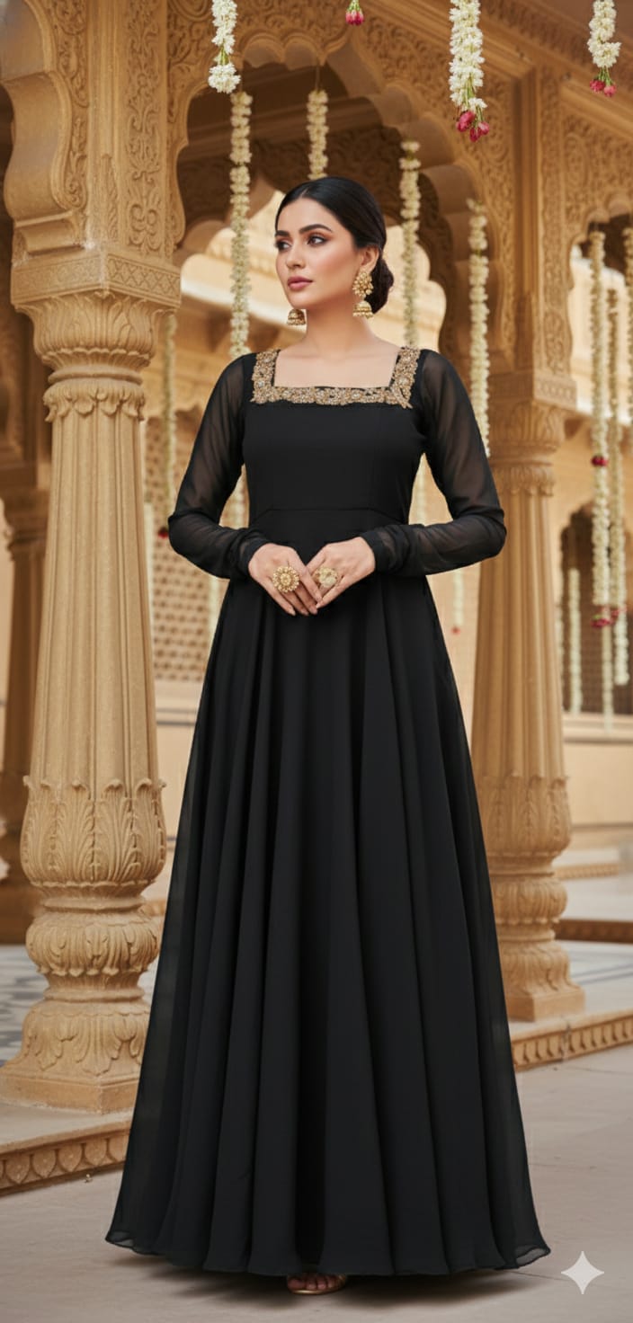 Solid Black Georgette Anarkali – Lakhina Couture