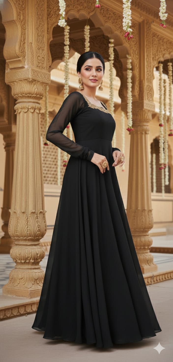 Solid Black Georgette Anarkali – Lakhina Couture