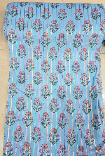 Blue Floral Stripe Print Cotton Fabric