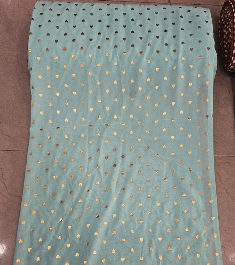 Mint Green Golden Foil Heart Print Georgette Fabric