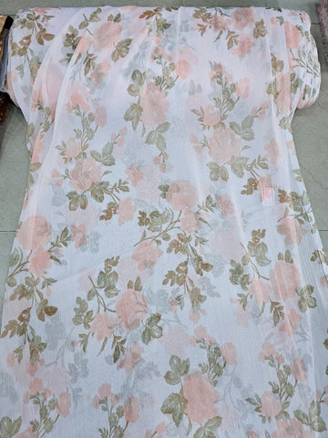 White Floral Print Chiffon Fabric