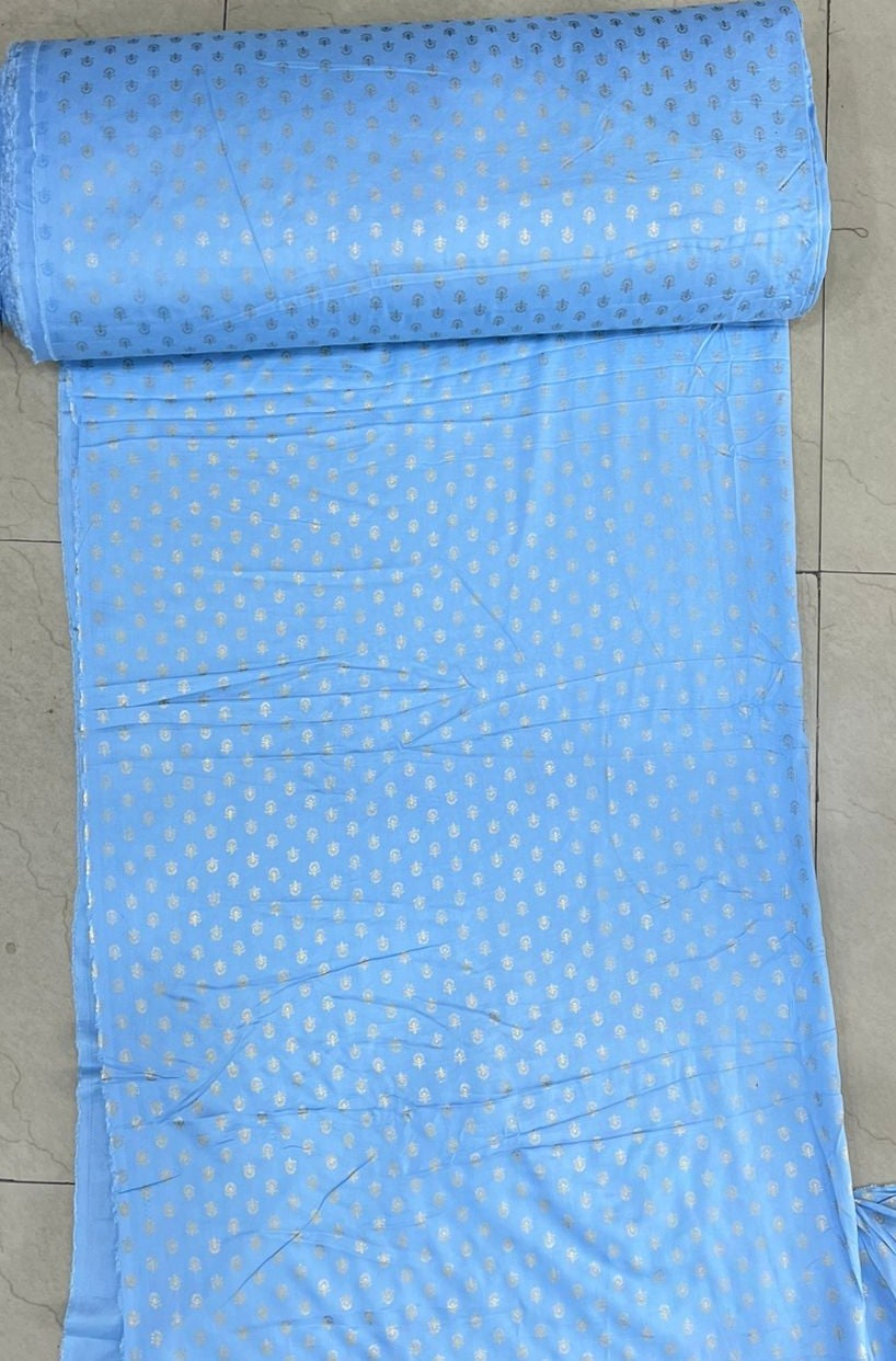 Sky Blue Golden Booti Printed Rayon Cotton Fabric –