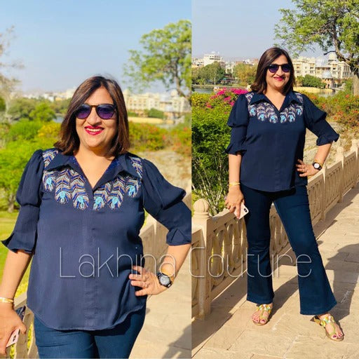 Navy Blue Embroidered V-Neck Top