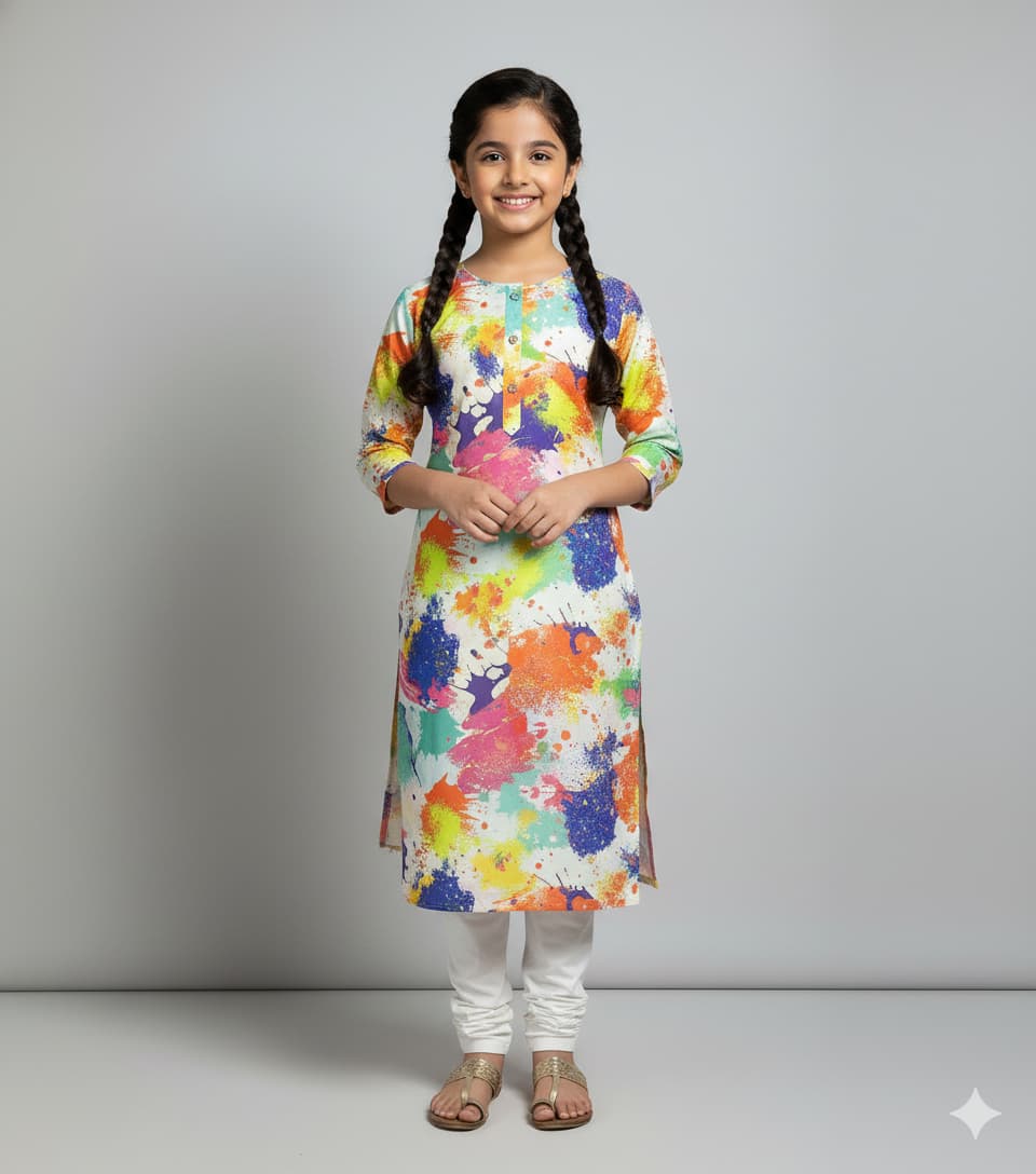 Multicolor Splash Print Satin Georgette Kurti | Lakhina Couture - Look 5