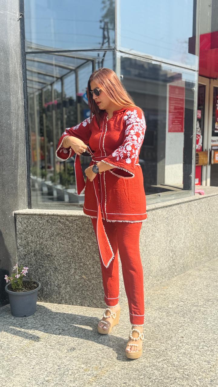 Rust Cotton Linen Crush Co-Ord | Lakhina Couture - Look 8