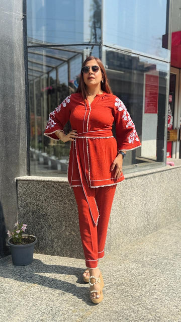 Rust Cotton Linen Crush Co-Ord | Lakhina Couture