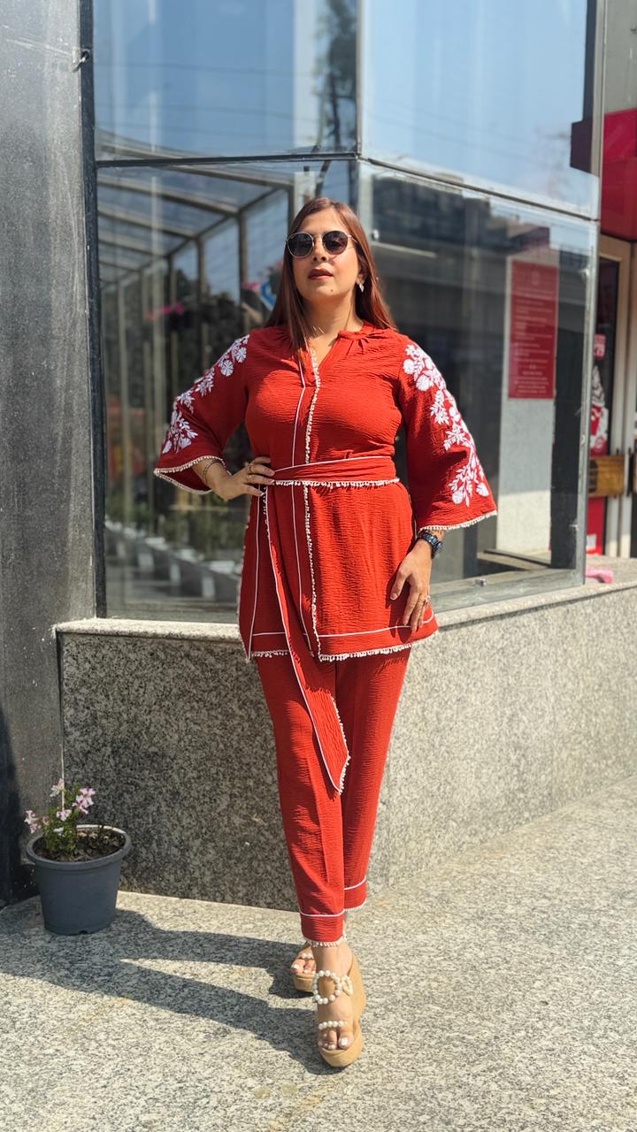 Rust Cotton Linen Crush Co-Ord | Lakhina Couture