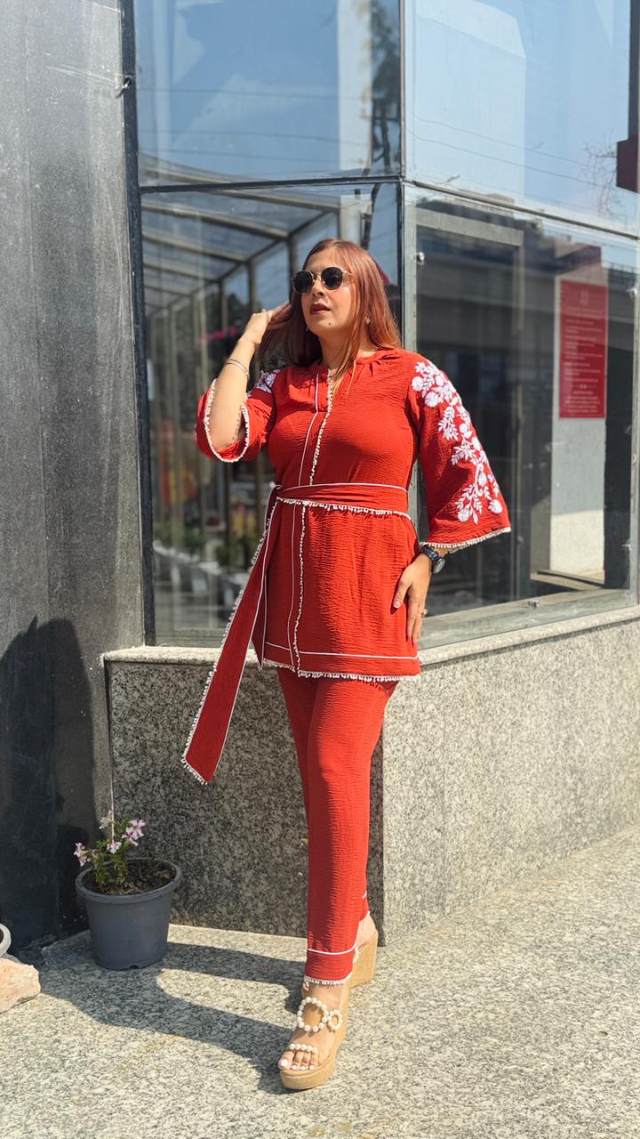 Rust Cotton Linen Crush Co-Ord | Lakhina Couture - Look 11