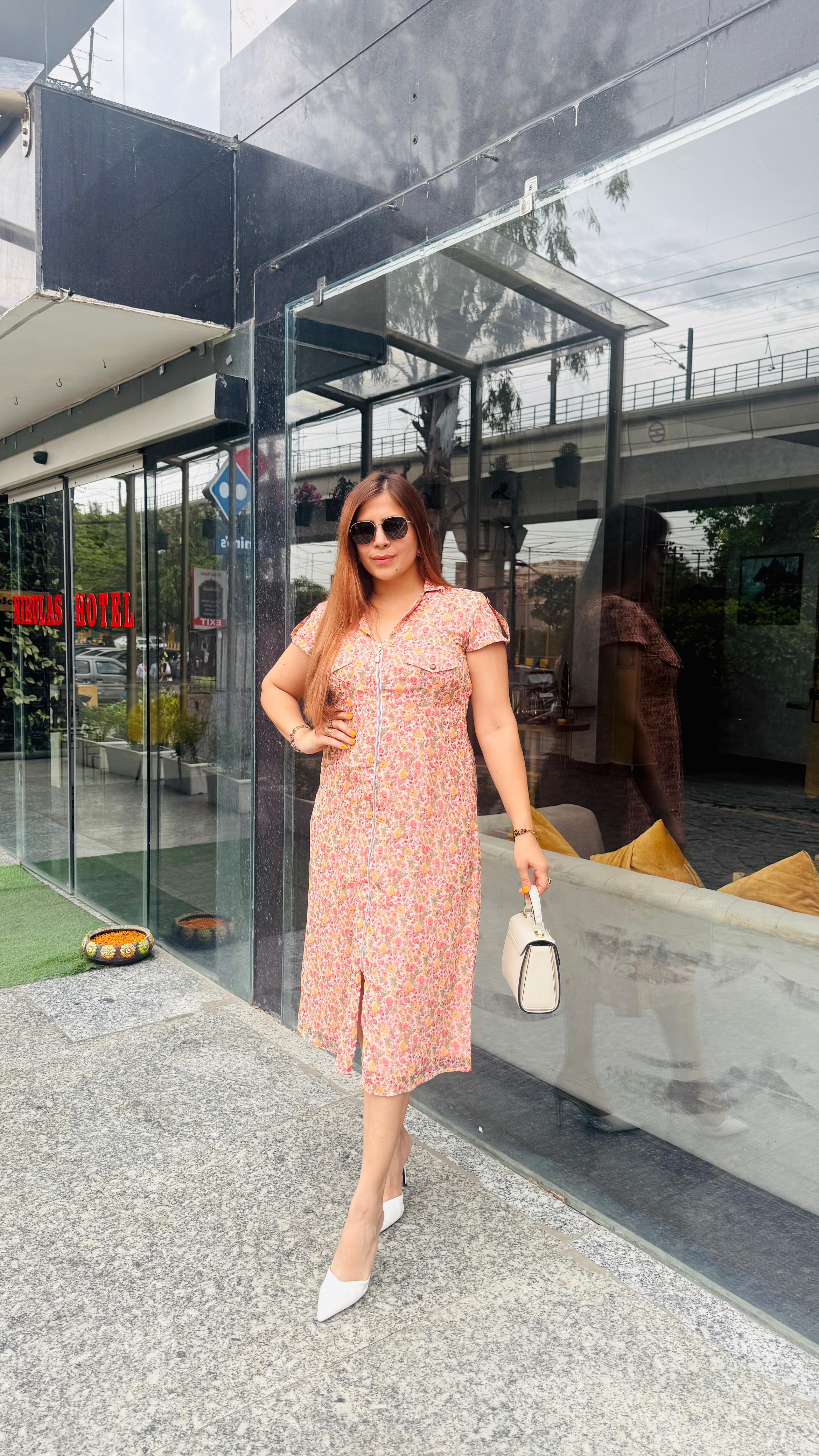 Zip Up Peach Midi Dress