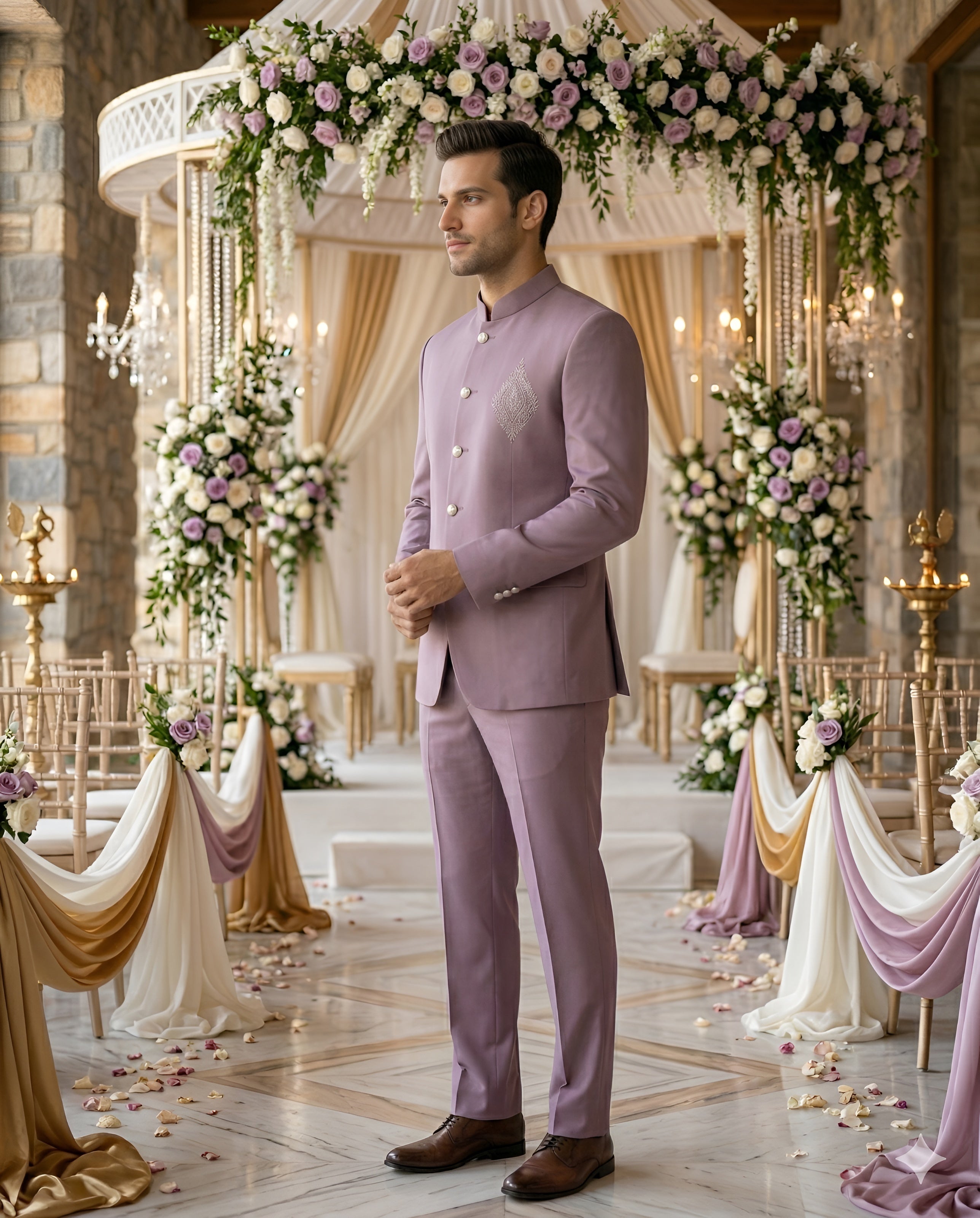 Mauve Bandhgala Suit Set for Men