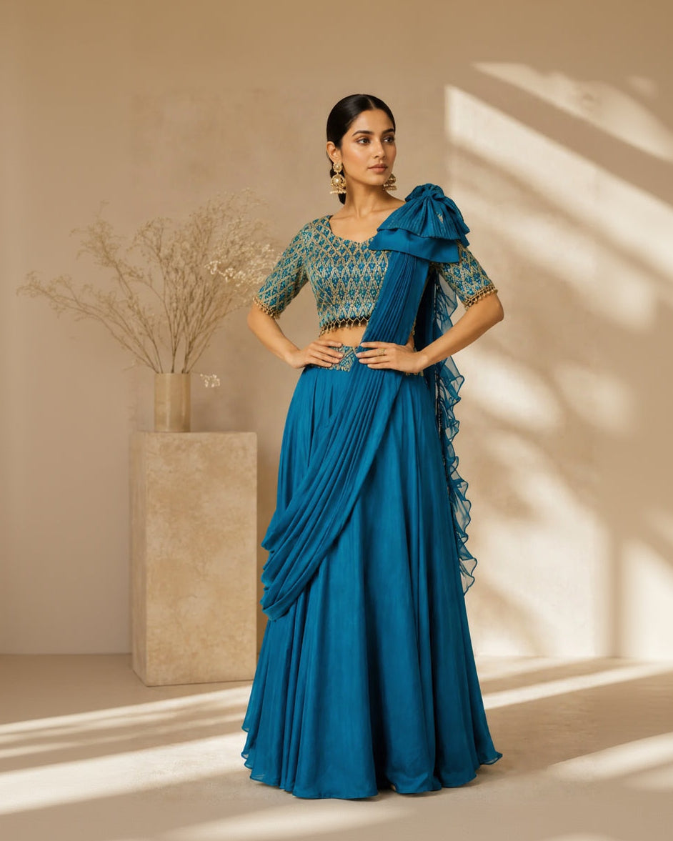 Woman wearing a blue saree with a matching blouse in a softly lit room.