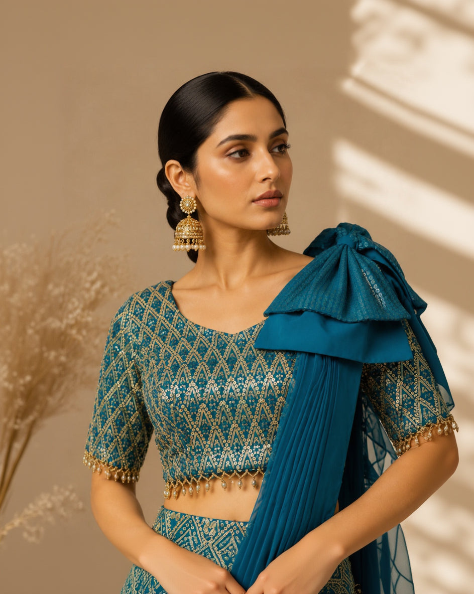 Woman wearing a blue saree with a matching blouse in a softly lit room.