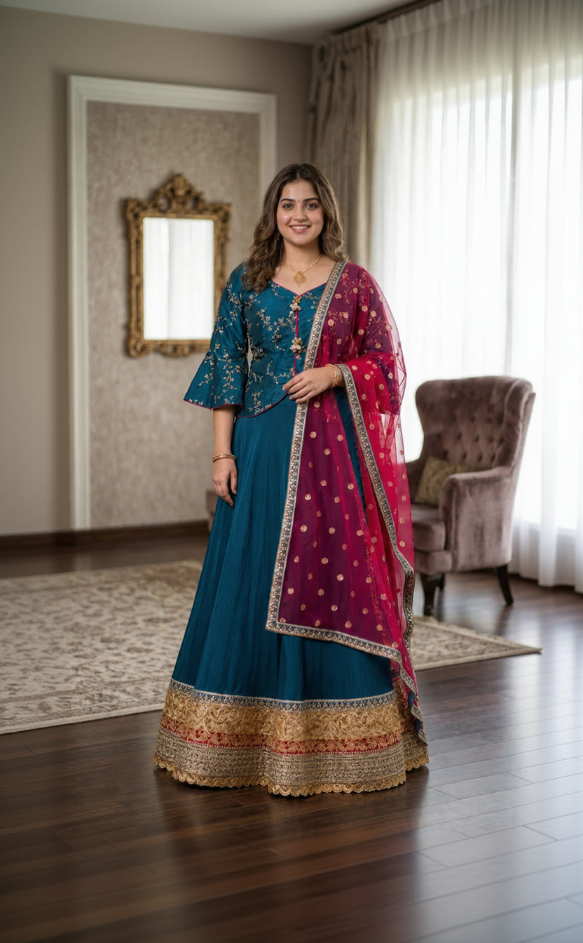 Woman in a traditional blue and red outfit standing in a room with a mirror and chair.
