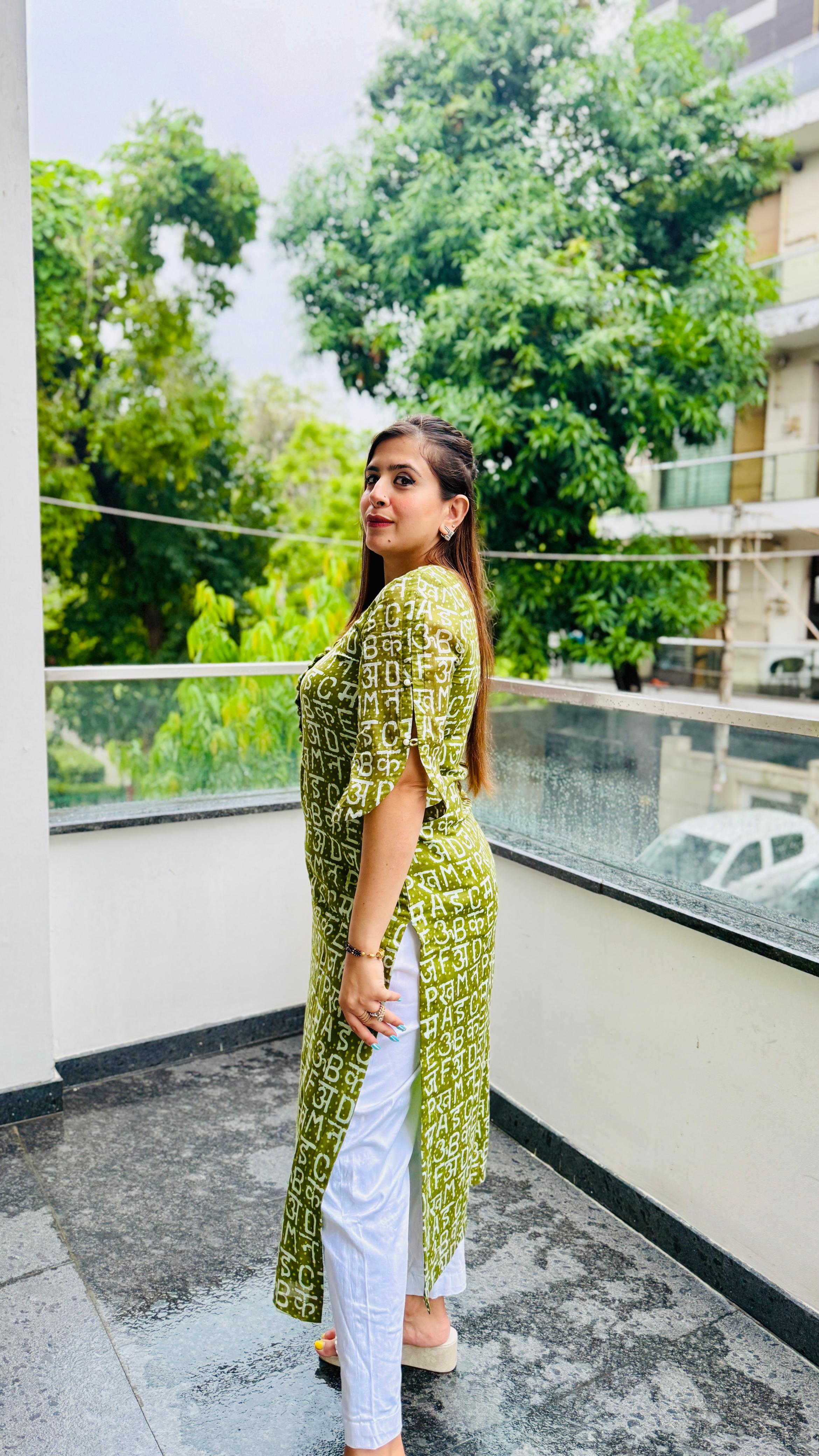 Green Text Me MalÂ CottonÂ Kurti