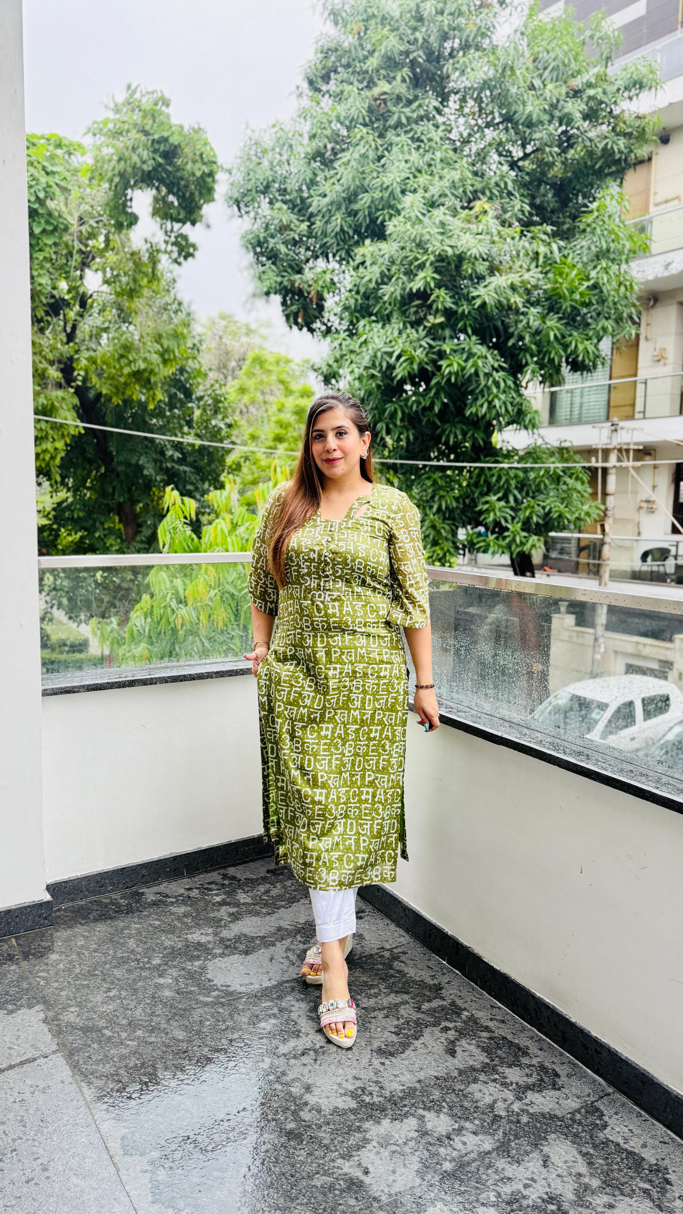Green Text Me MalÂ CottonÂ Kurti