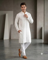 White Mirror Work Cotton Silk Kurta with Pants