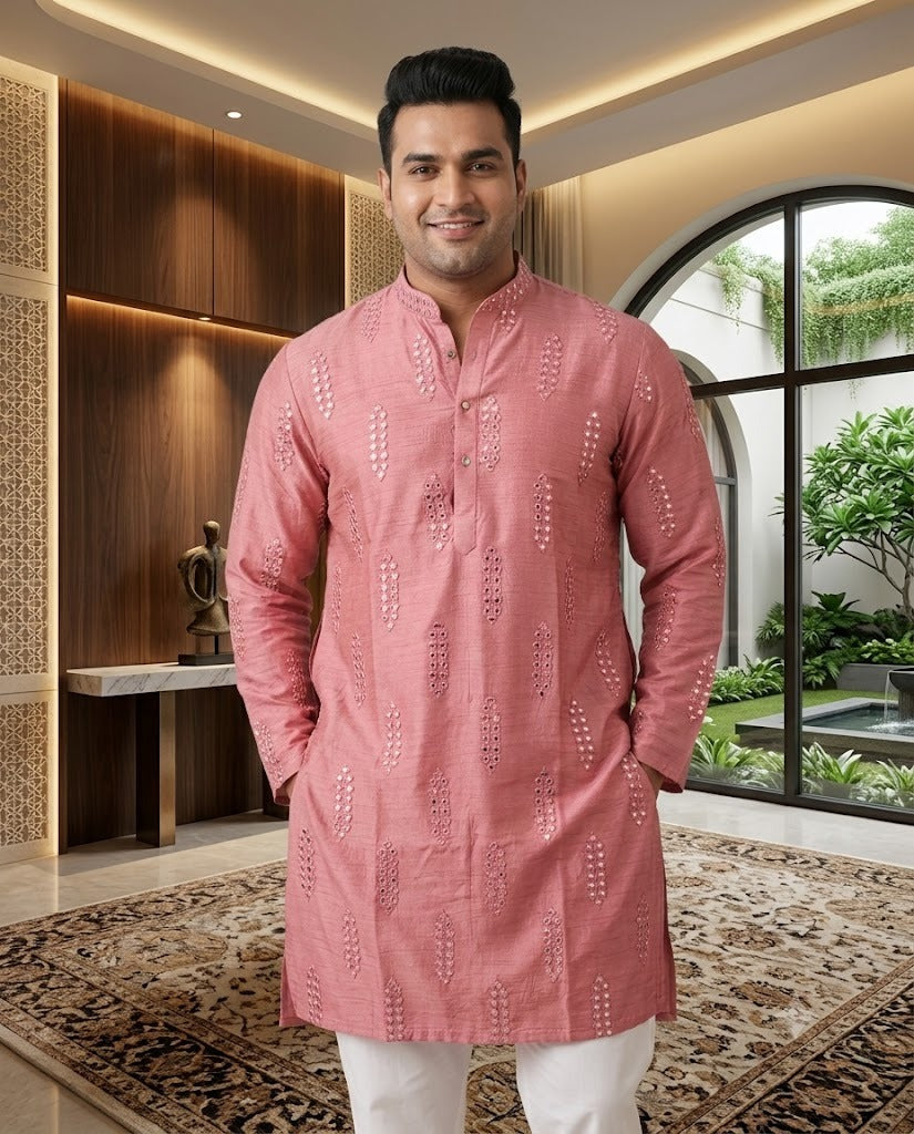Pink Embroidered Cotton Kurta Set for Men