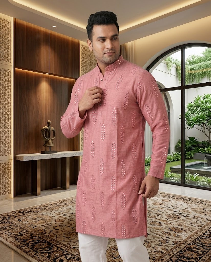 Pink Embroidered Cotton Kurta Set for Men